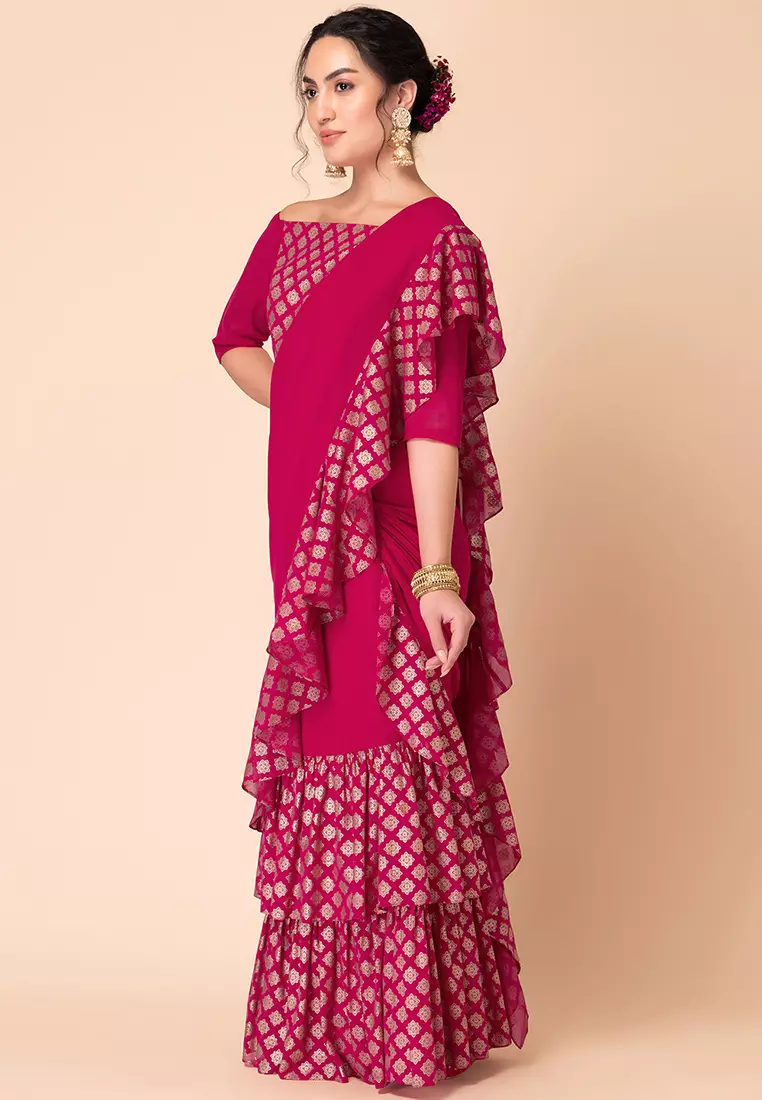 Pink Foil Print Ruffled Pre-Stitched Saree