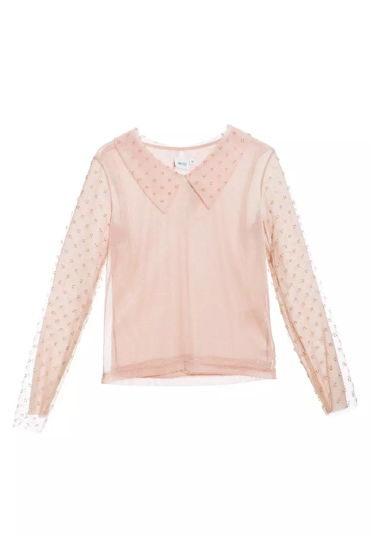 Metallic Nylon Pink Top With Mesh Sleeves