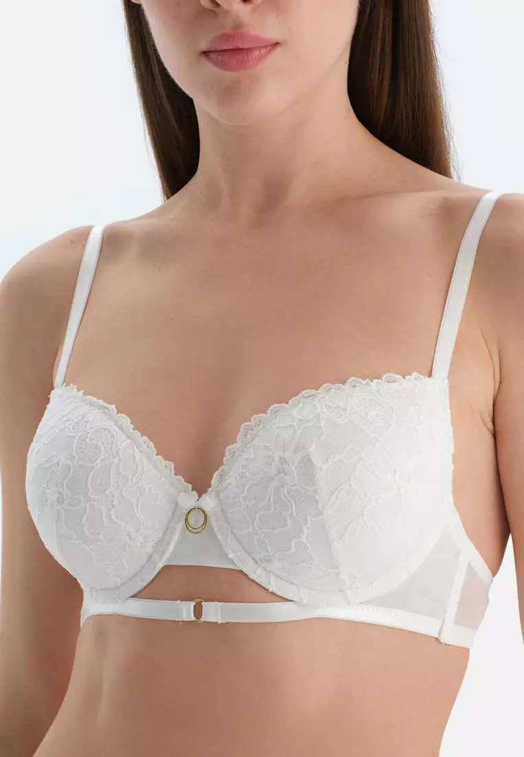 White Padded Bra, Floral, Regular, Half-padded, Underwire, Underwear for Women