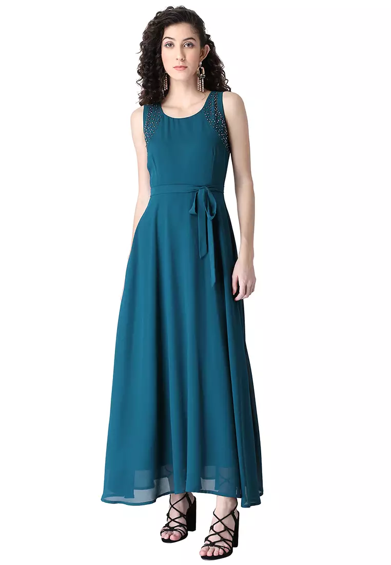 Buy FabAlley Teal Embellished Sleeveless Maxi Dress Online | ZALORA ...