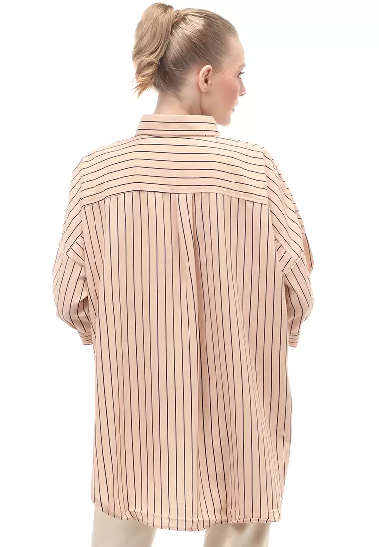 Shirt Salur Lengan Panjang Atasan Wanita Casual Front Button Opening - Coklat