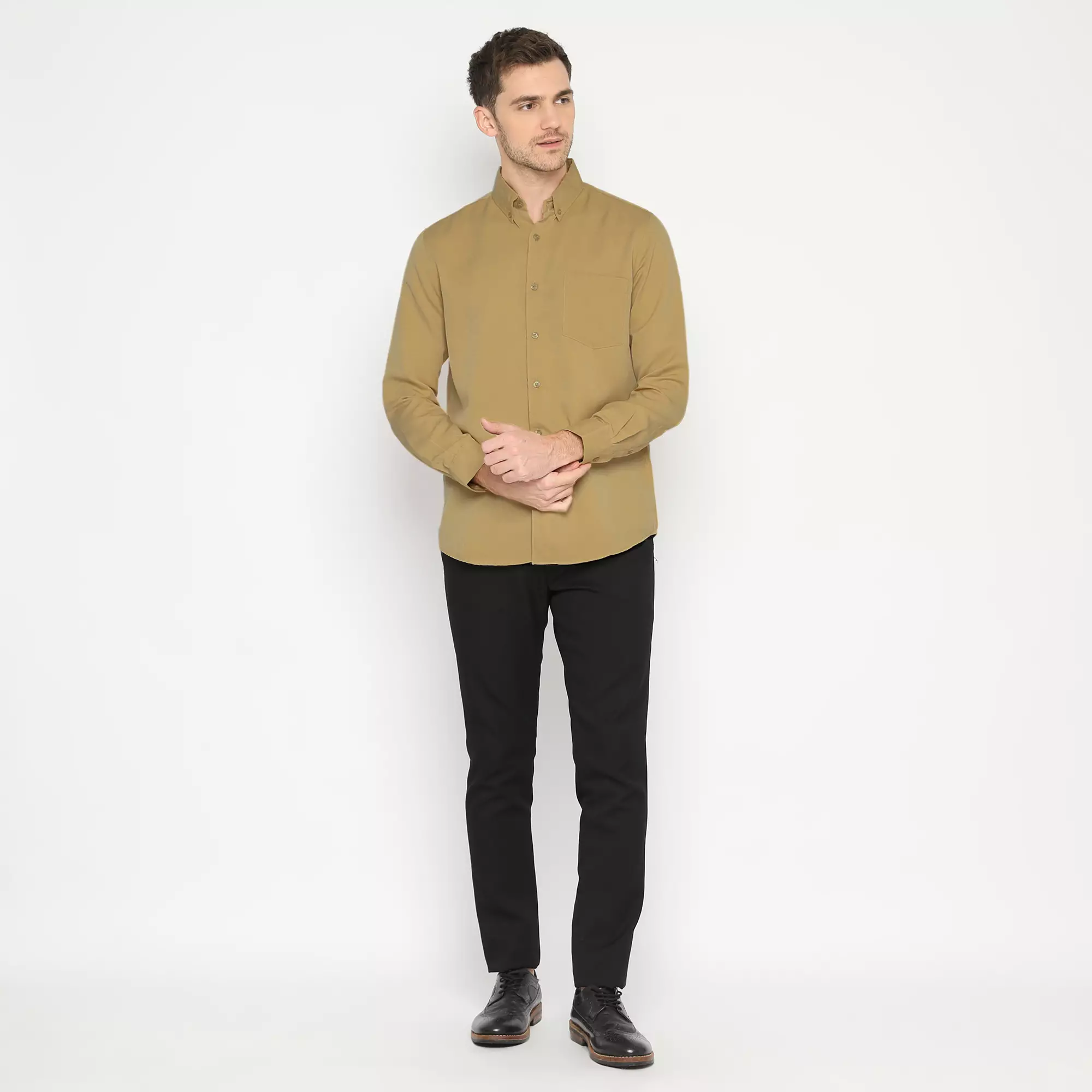 Platini Baju Kemeja Pria Lengan Panjang Polos Polinosic Kuning Gading 66113