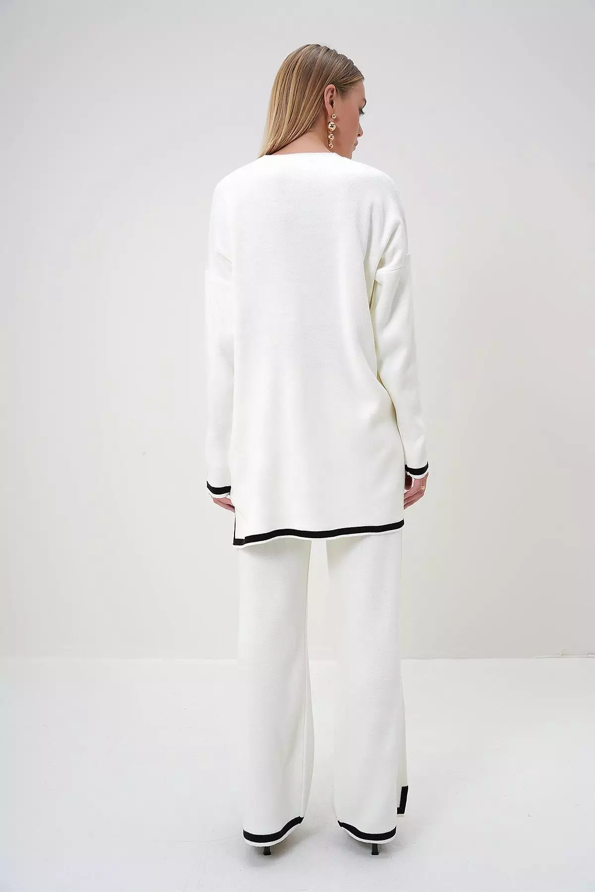 Women's Beige Crew Neck Stripe Detailed Knitwear Tunic and Trouser Set