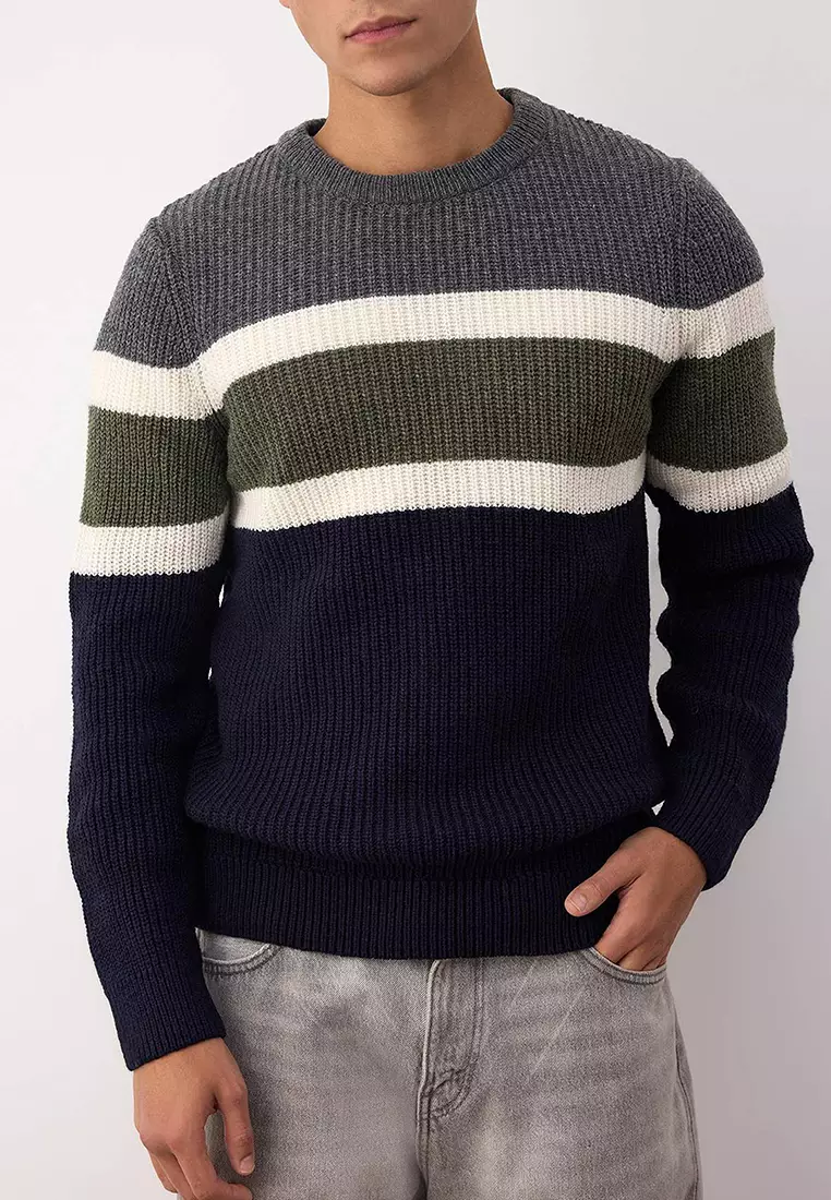 Anthracite Slim Fit Wool Crew Neck Panelled Color Block Knitwear Sweater Tmnaw22Kz0343
