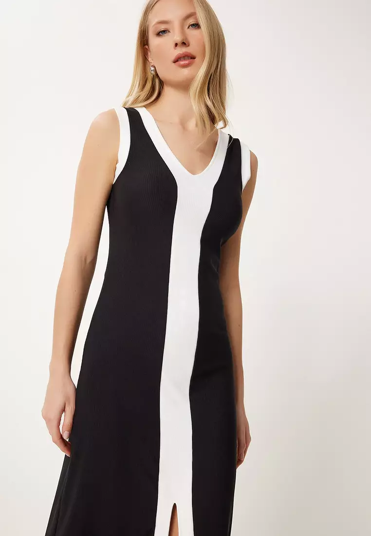Women's Black White Contrast Color Stretchy Ribbed Knitted Dress Fw00012