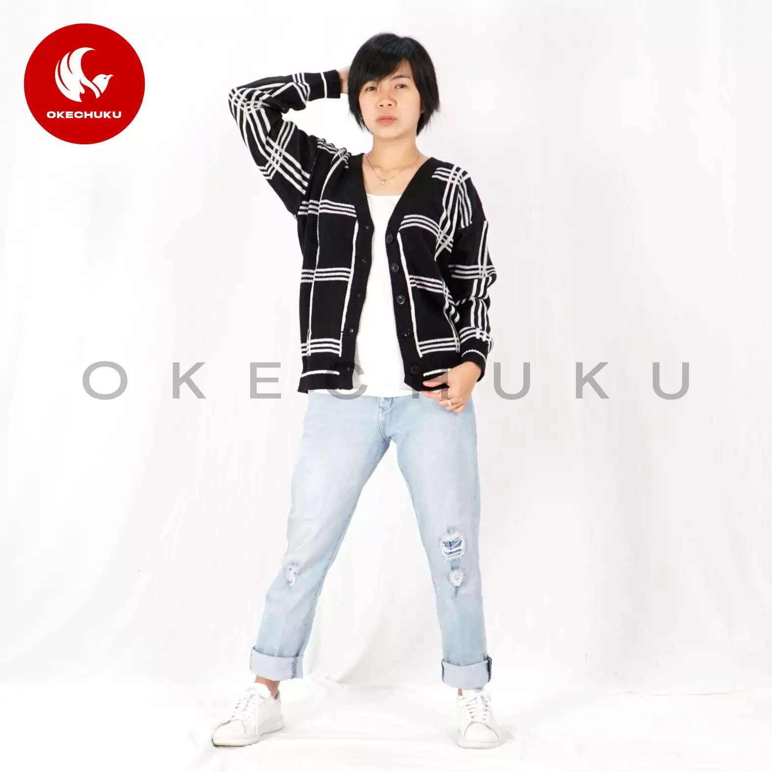 KARDIGAN MINGYU Cardigan Rajut V Neck Unisex Pria Wanita - Hitam