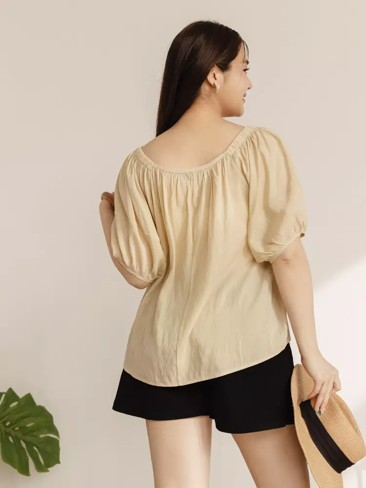 Square neck gathered puff sleeve A-line top [AB19503]