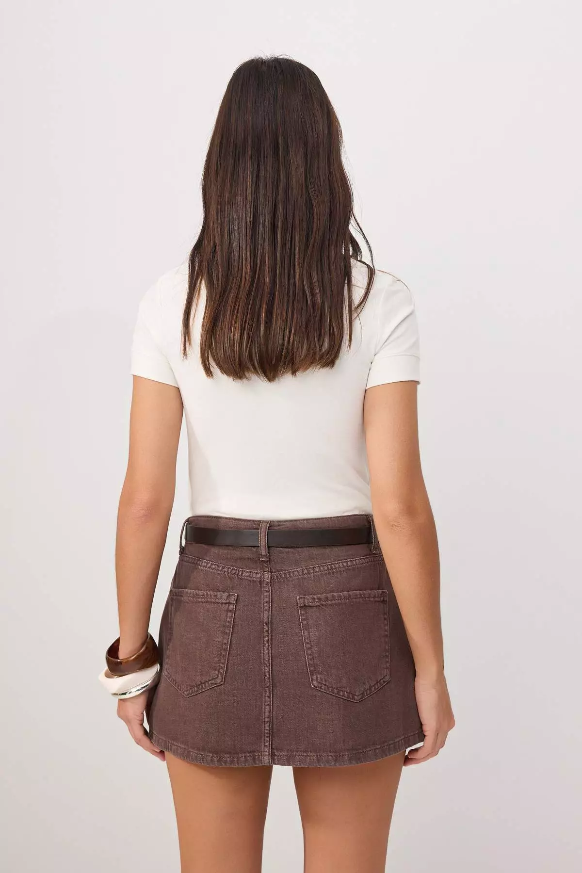 Brown Belt Detailed Denim Skirt With Skirt-Like Back Detail Twoaw26Sr2