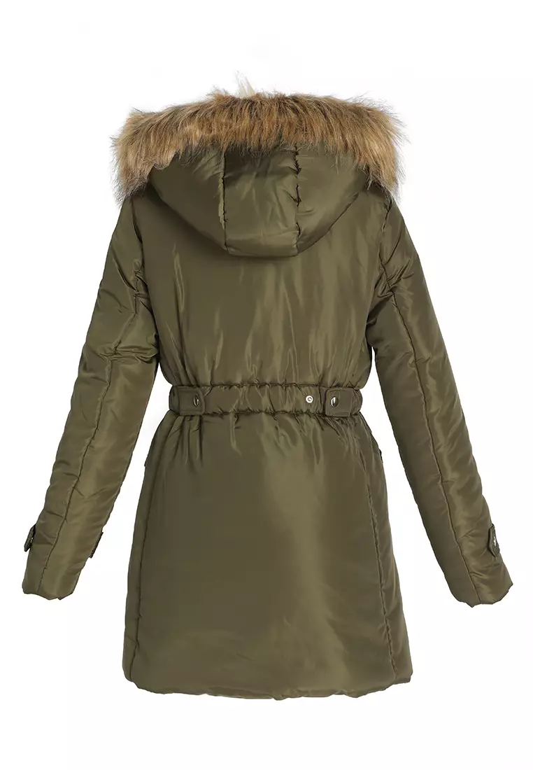 Khaki Long Puffer Jacket Hoodie