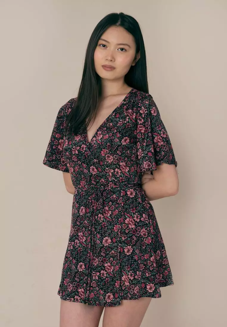 black floral wrap dress