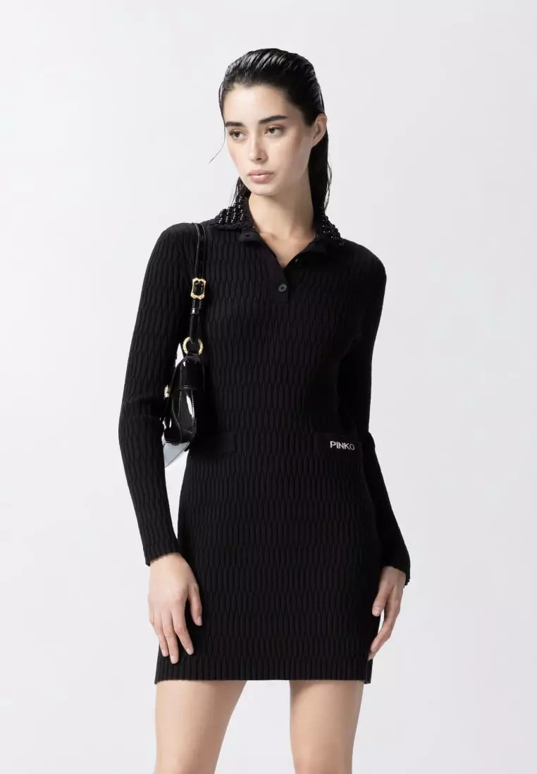 Knit mini dress with bejewelled collar