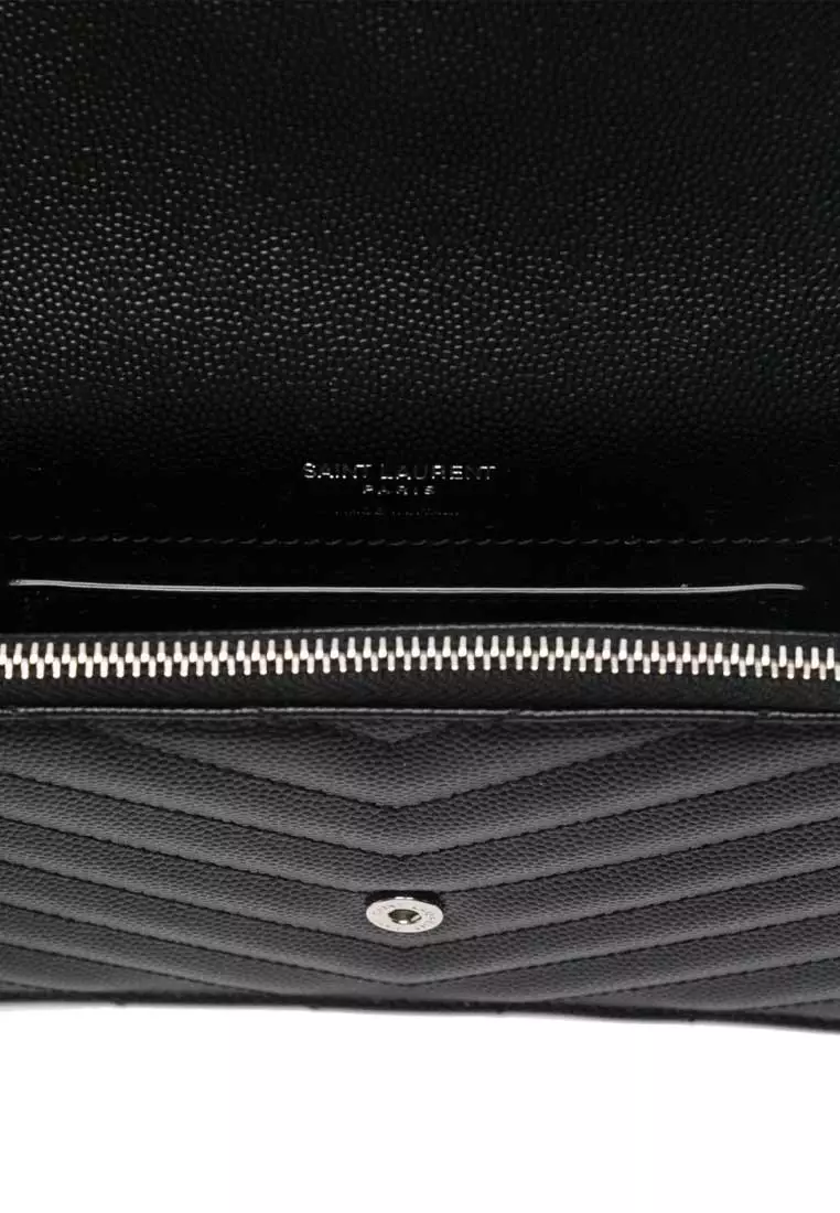 YSL Matelasse Envelope Chain Wallet In Grain De Poudre Embossed Leather Black/Silver 857605BOW02