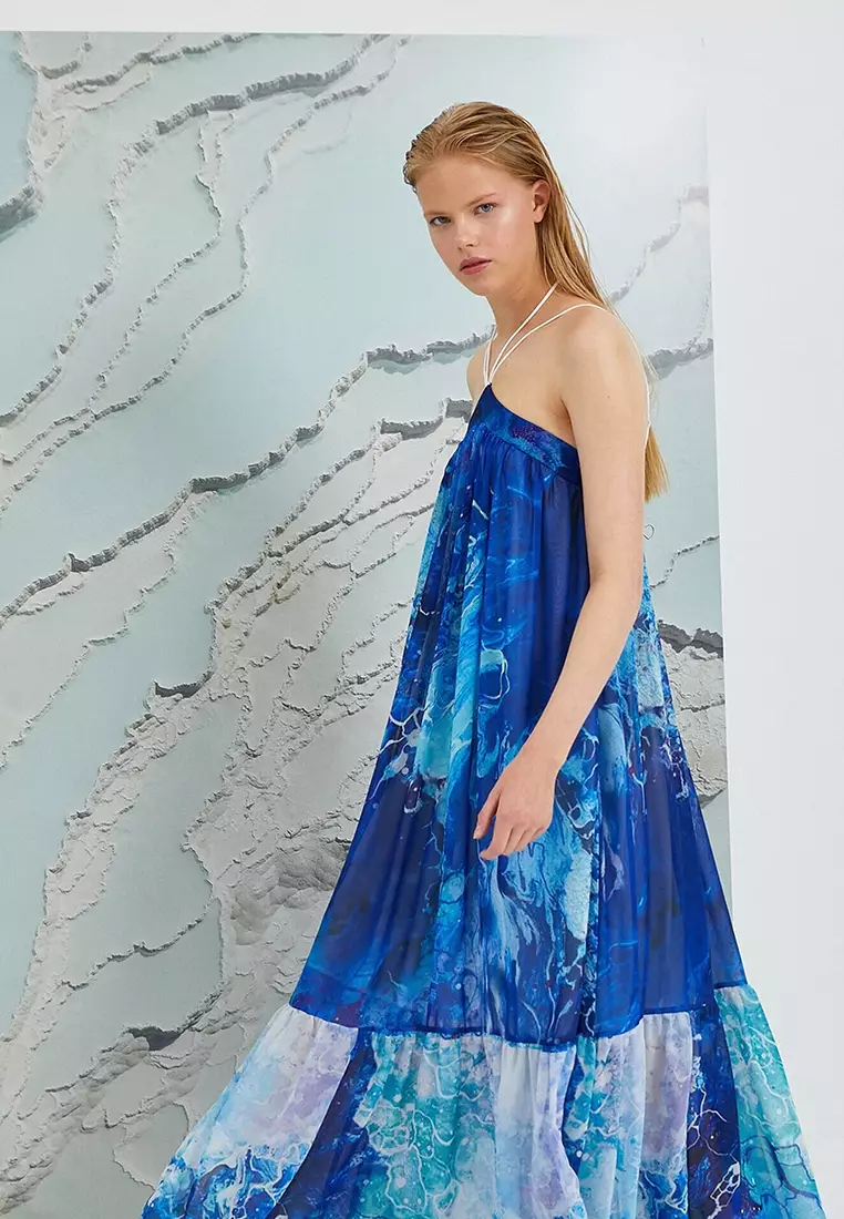 New Look STRIPE FLORAL SHIRRED HALTER NECK MIDI - Vestito estivo - blue