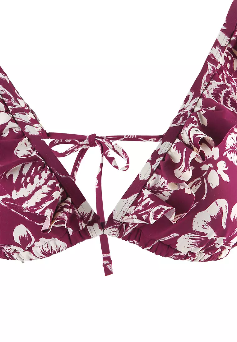 Printed Ruffle Plunge Bikini Top