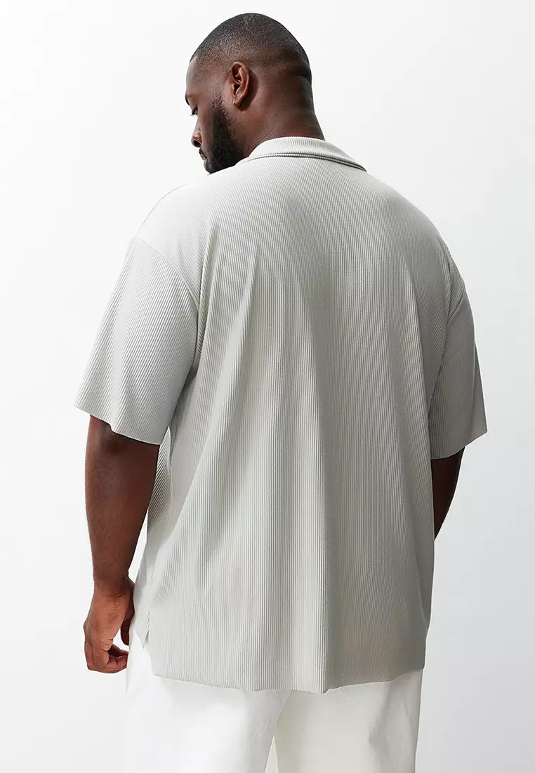 Premium Plus Size Stone Oversize Textured Ottoman Polo Neck T-Shirt TMNSS24BF00047
