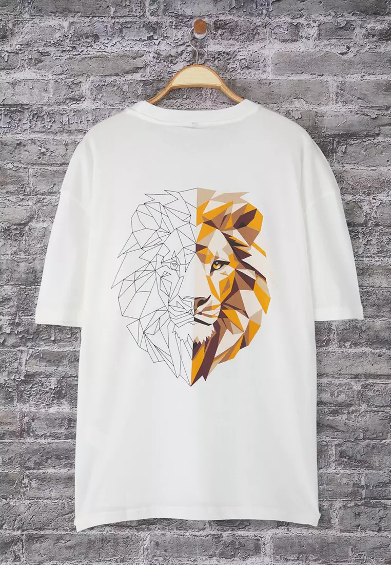 Ecru Oversize/Wide Cut Back Lion Printed 100% Cotton T-Shirt Tmnss25Ts00117