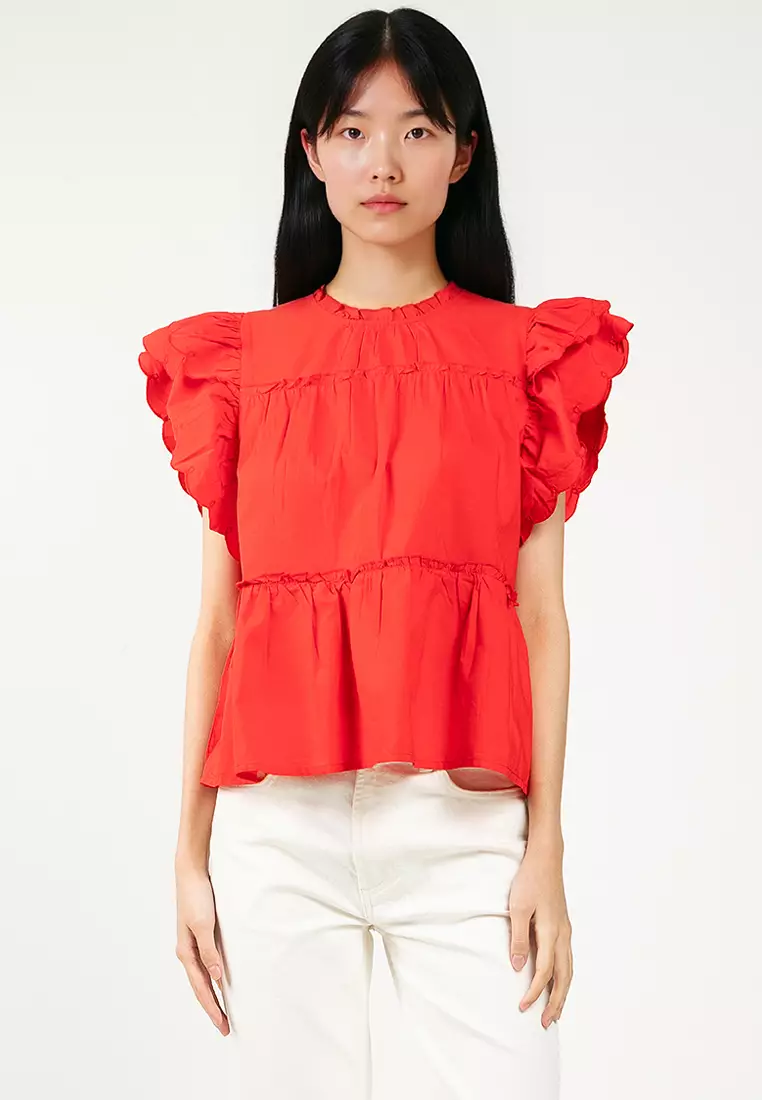 Sleeveless Crew Neck Frill Woven Top