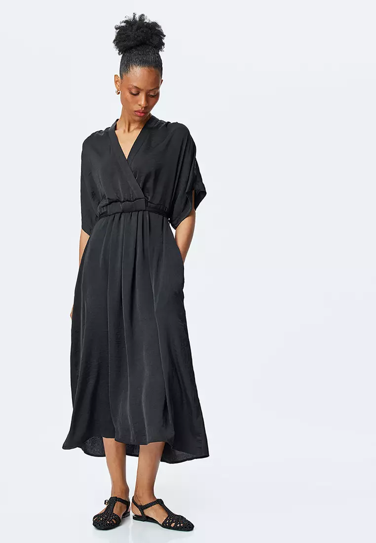 Flowy Short Sleeve Midi Length Double Breasted Satin Dress