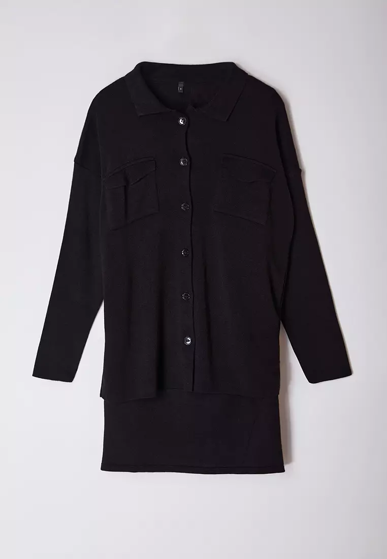Black Mini Knitwear Basic Cardigan Dress