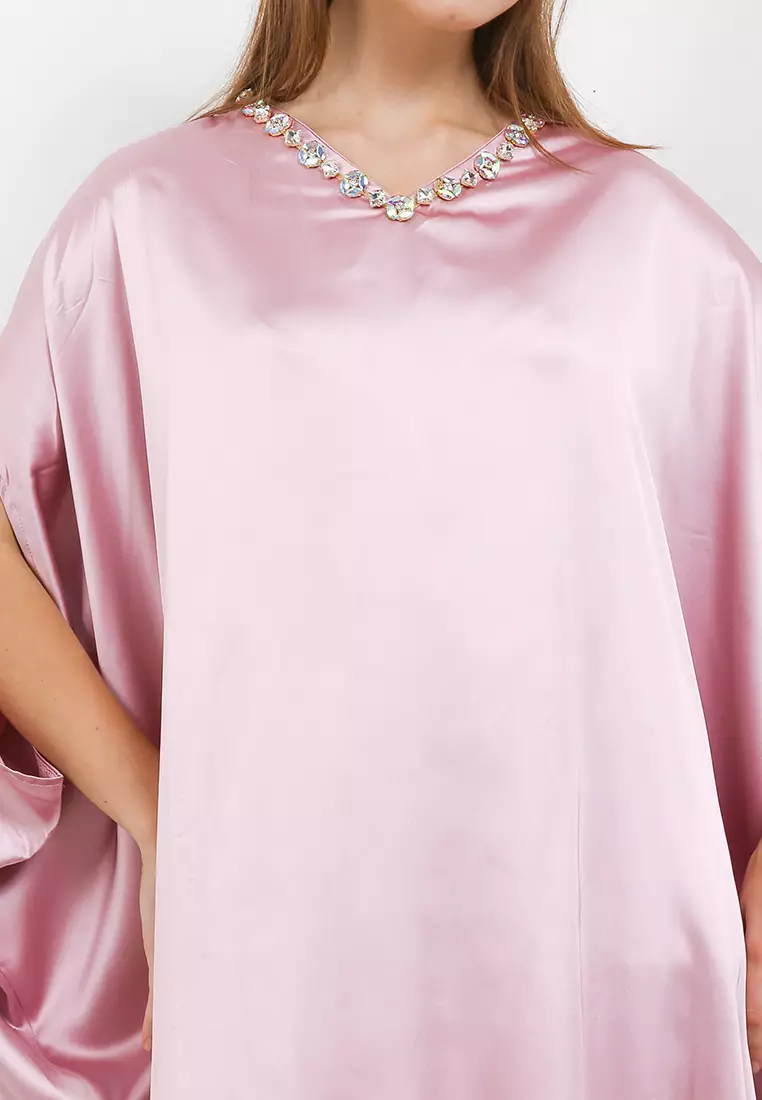 V Neck Hi Lo Sateen Kaftan With Diamond Chain Detail