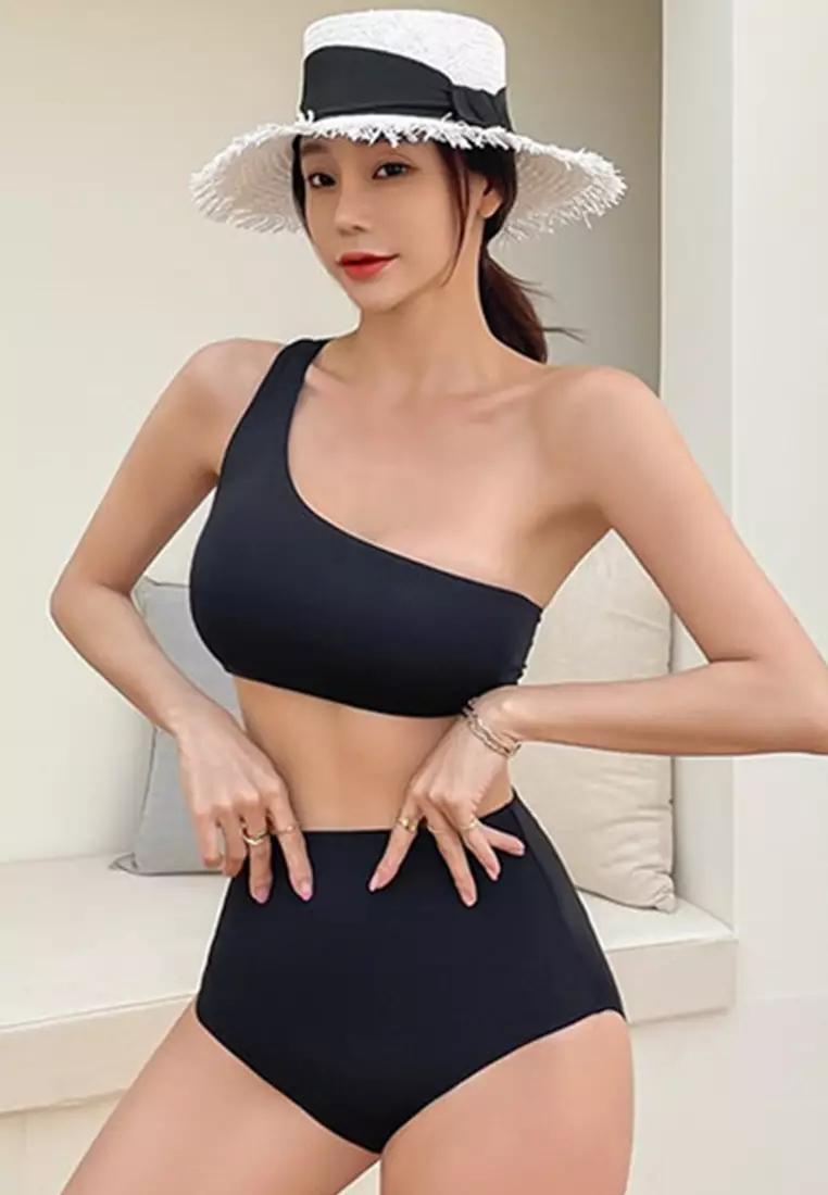 性感純色單肩高腰比基尼分體泳衣 A22031731BK