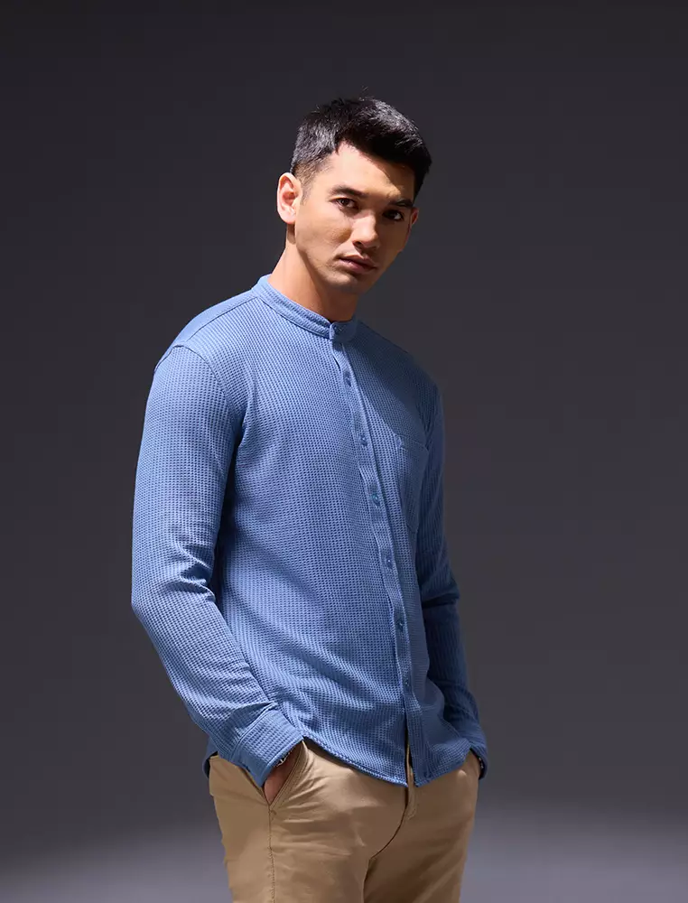 OXCON kemeja Tangan Panjang Waffle Kerah Collarless Blue Denim