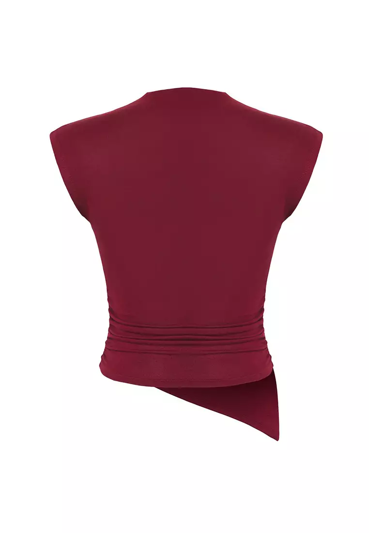 Claret Red Stand Collar Gathered/Drape Detailed Fitted/Body-Sit Asymmetrical Knitted Blouse TWOSS24BZ00534