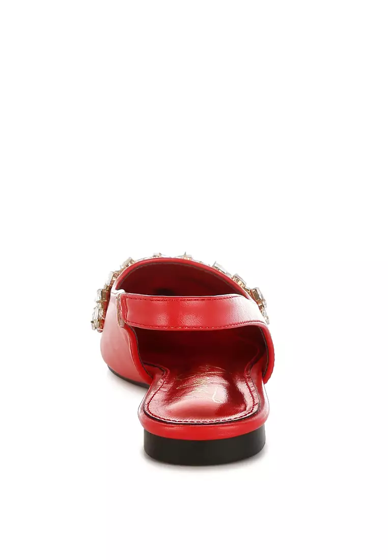 Diamante Embellished Flat Sandals in Red