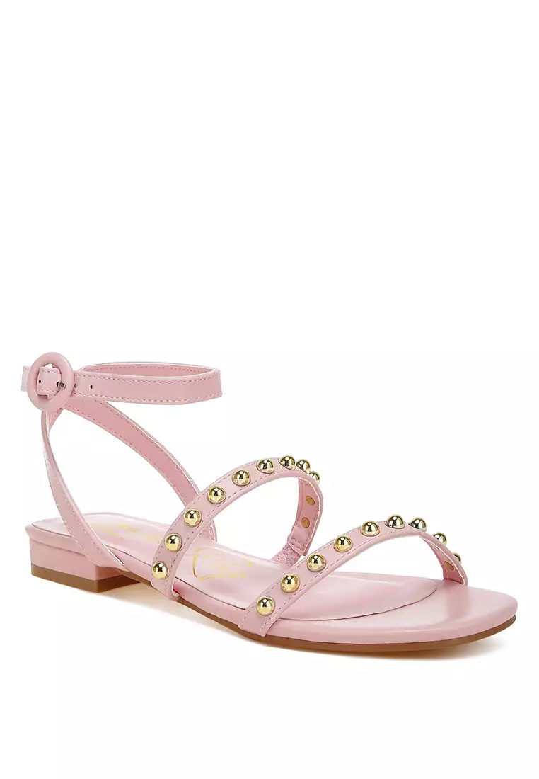 Sandal Datar Tali Pergelangan Kaki Bertabur Warna Pink