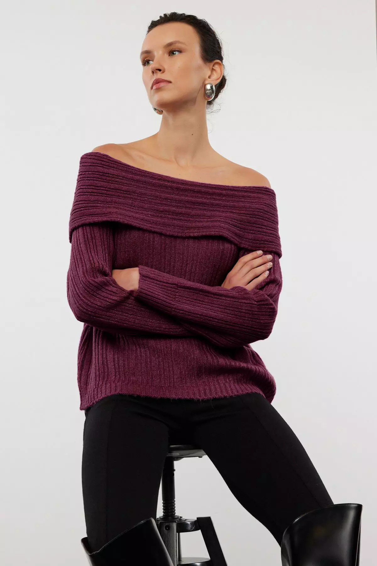 Burgundy Soft Textured Carmen Collar Knitwear Sweater