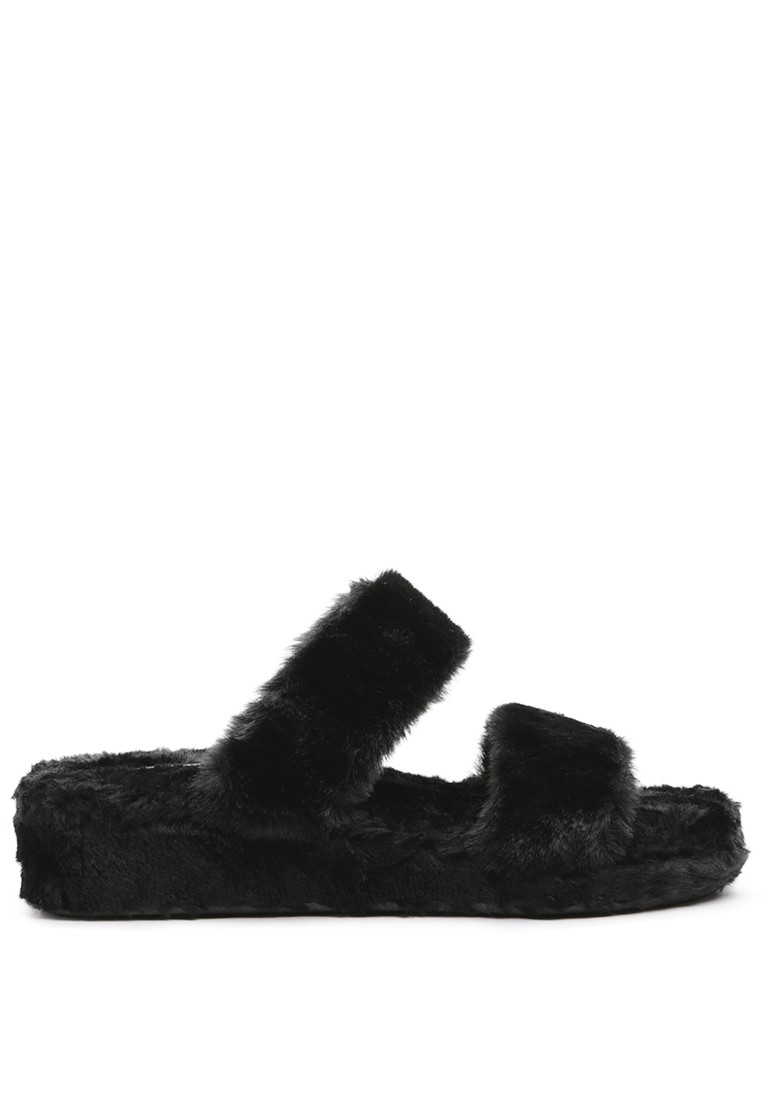 Black Fur Slip-On Flat