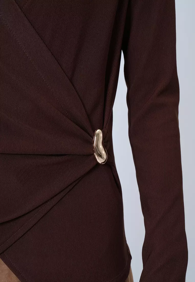 Double-Breasted V-Neck Brooch Detailed Blouse