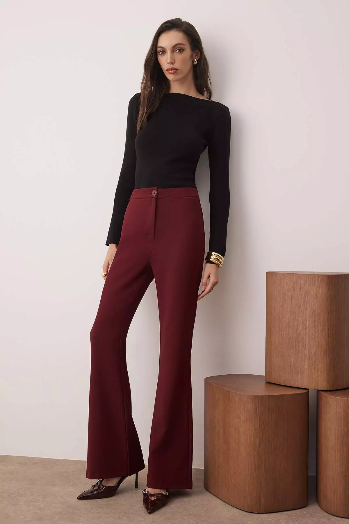 Burgundy Flare Bell-Bottom Woven Trousers Tofaw19Bb0581