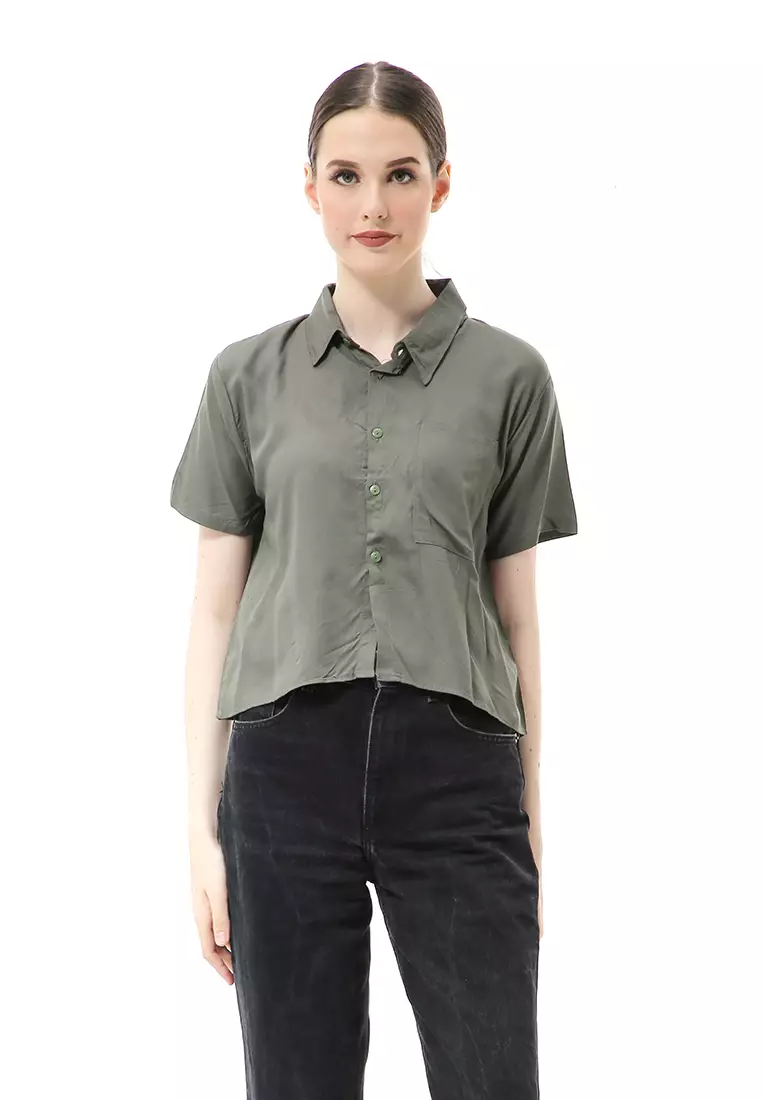 Melinda Kemeja Crop Top Atasan Wanita Motif Polos Relaxed Fit - Army