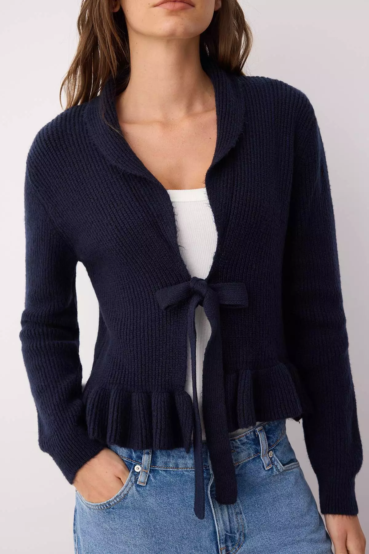 Navy Blue Crop V Neck Soft Textured Flounced Knitwear Cardigan