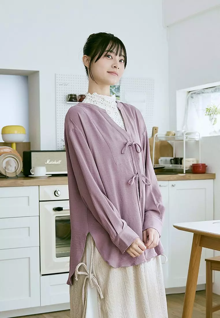 Loose V-Neck Tie Styling Front Short Back Long Side Slit Curved Hem Top [AB18850]