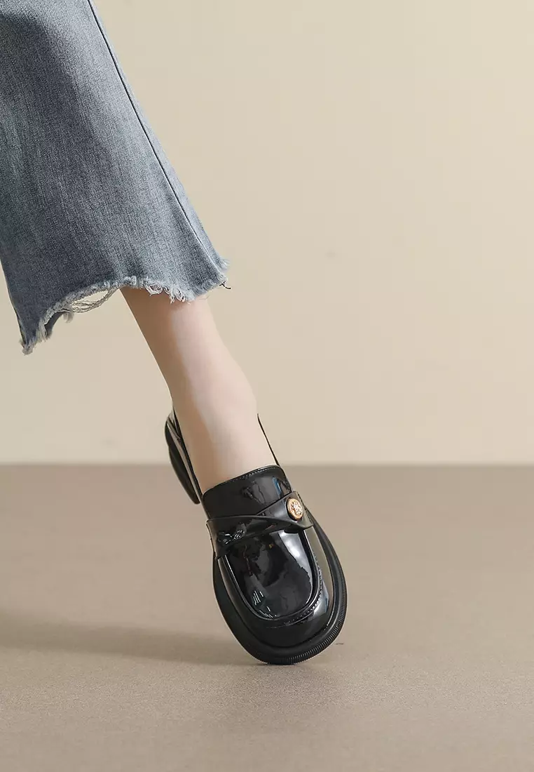 3.5CM Pleated Strap Faux Patent Leather Loafers WW105-16