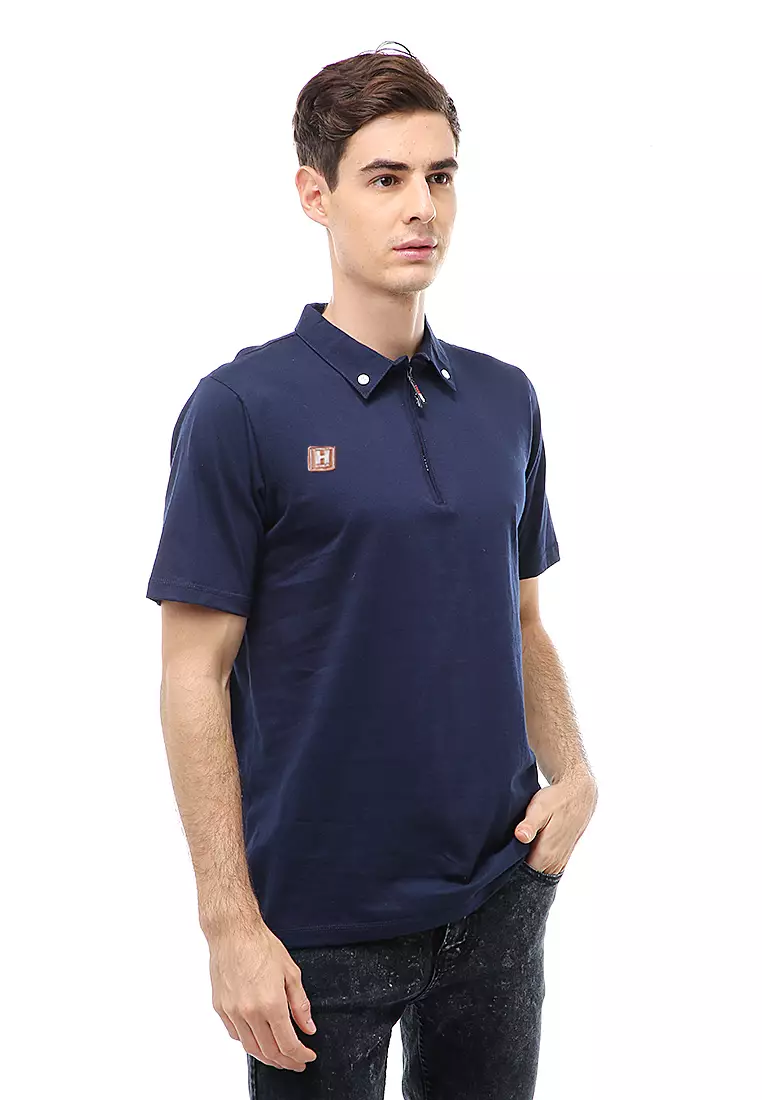 Jack Atasan Casual Pria T-Shirt Kaos Polo Resleting Short Sleeve Material Cotton ORIGINAL - Navy