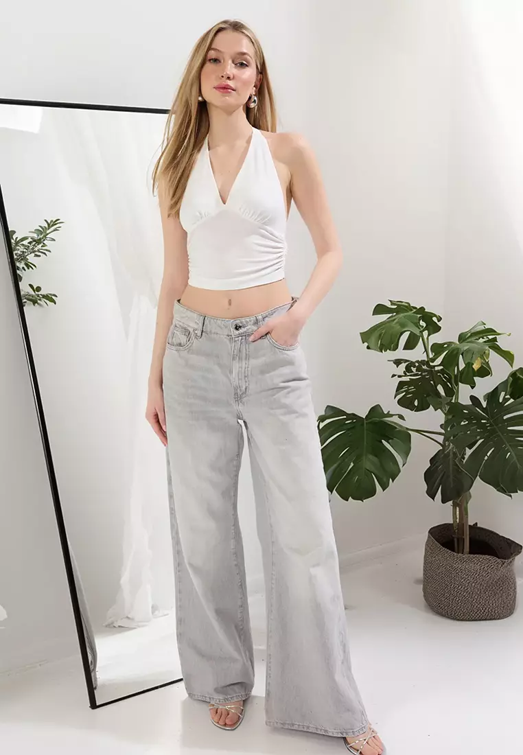 Ecru Neck Tie Body-Smoothing Crop Flexible Knit Blouse TWOSS24BZ00061