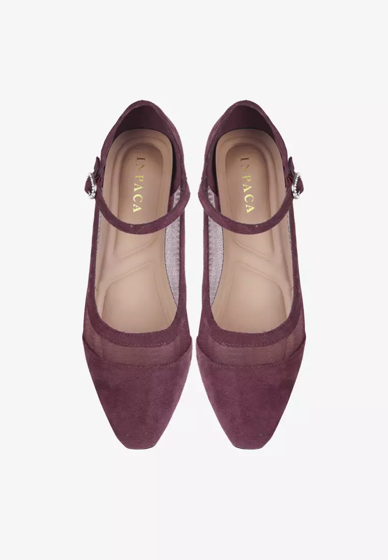 Elora Transparent Mesh Suede Block Heels Mary Jane in Maroon