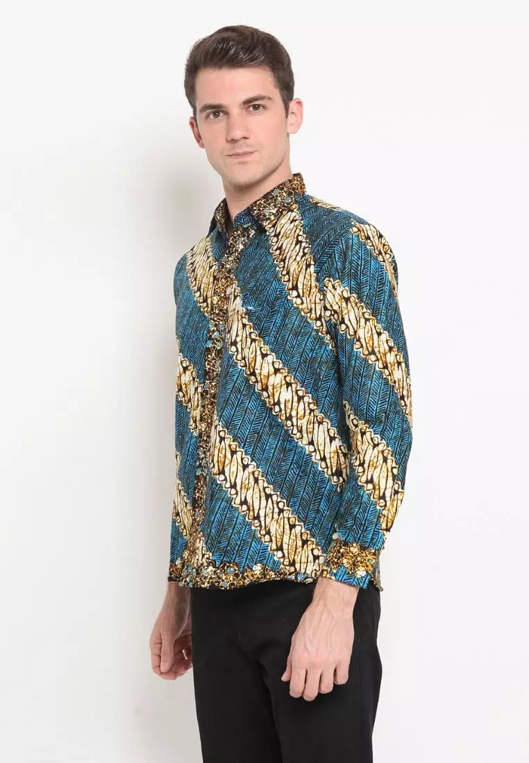 Kemeja Batik Pria Premium Slimfit Elegant Modern Lengan Panjang Parang Biru