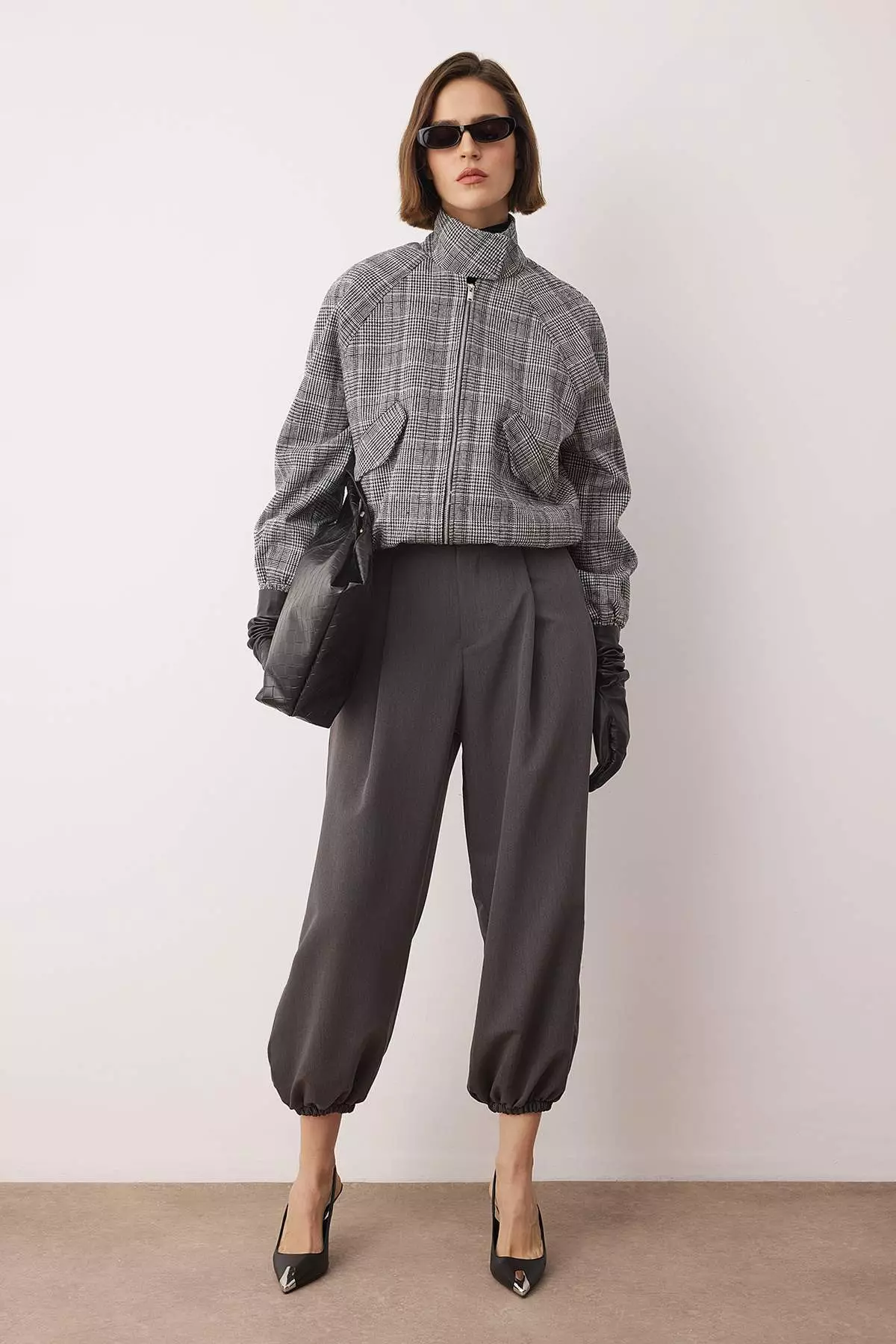 Gray High Waist Woven Baggy Trousers Twoaw26Pl169