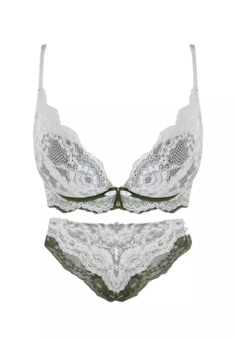 Women's 3/4 Cup Lace Floral Pattern Nylon Lace Lingerie Set (Bra and  Underwear) - Green