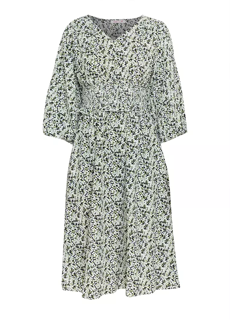 Clarence Printed V-neck Smocked Dress