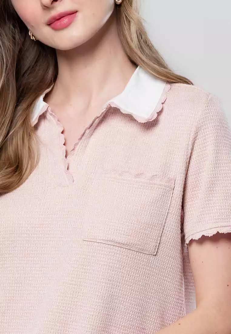 Ysabel Collared Knit Top with Scallop Trimming and Chest Pocket