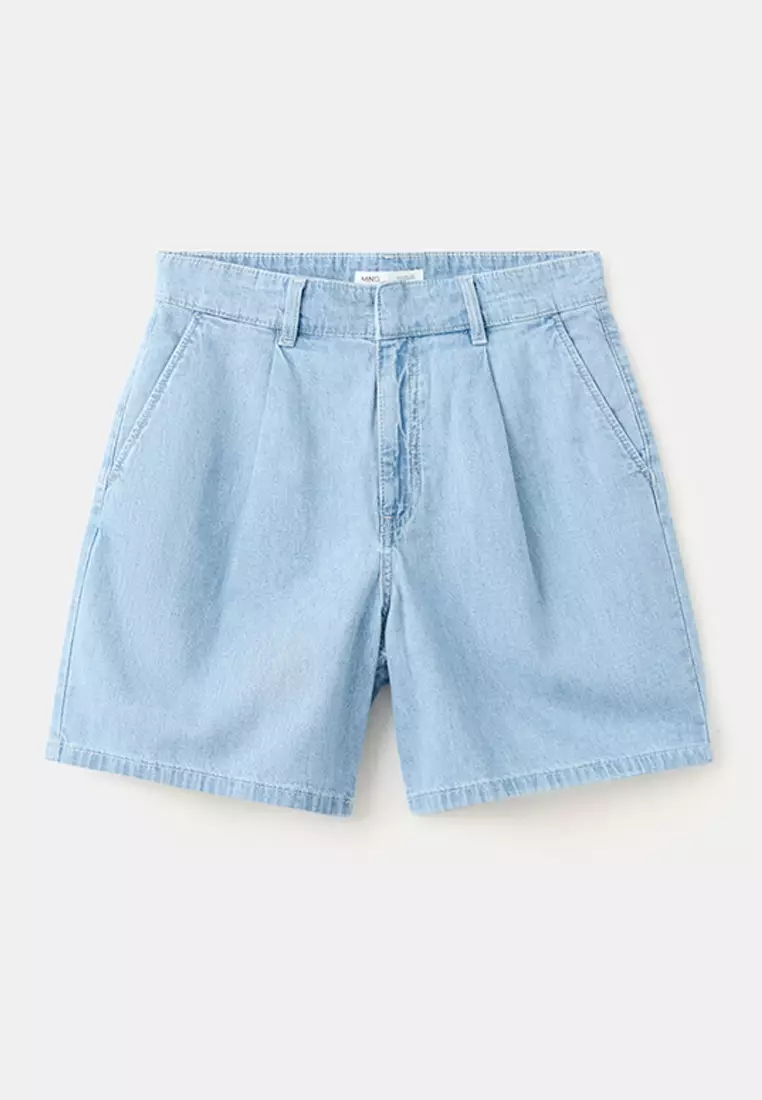 Mid-Rise Denim Bermuda Shorts With Pleats