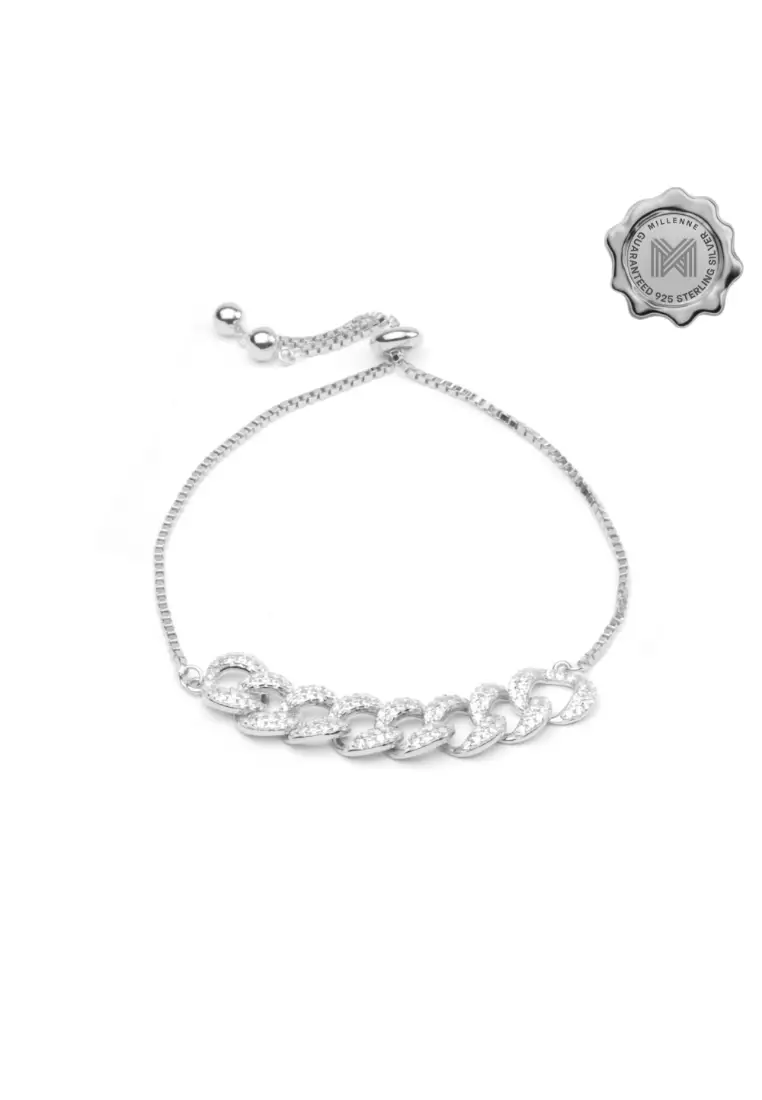 Millennia 2000 Chain Link Studded Drawstring Cubic Zirconia Rhodium Bracelet with 925 Sterling Silver