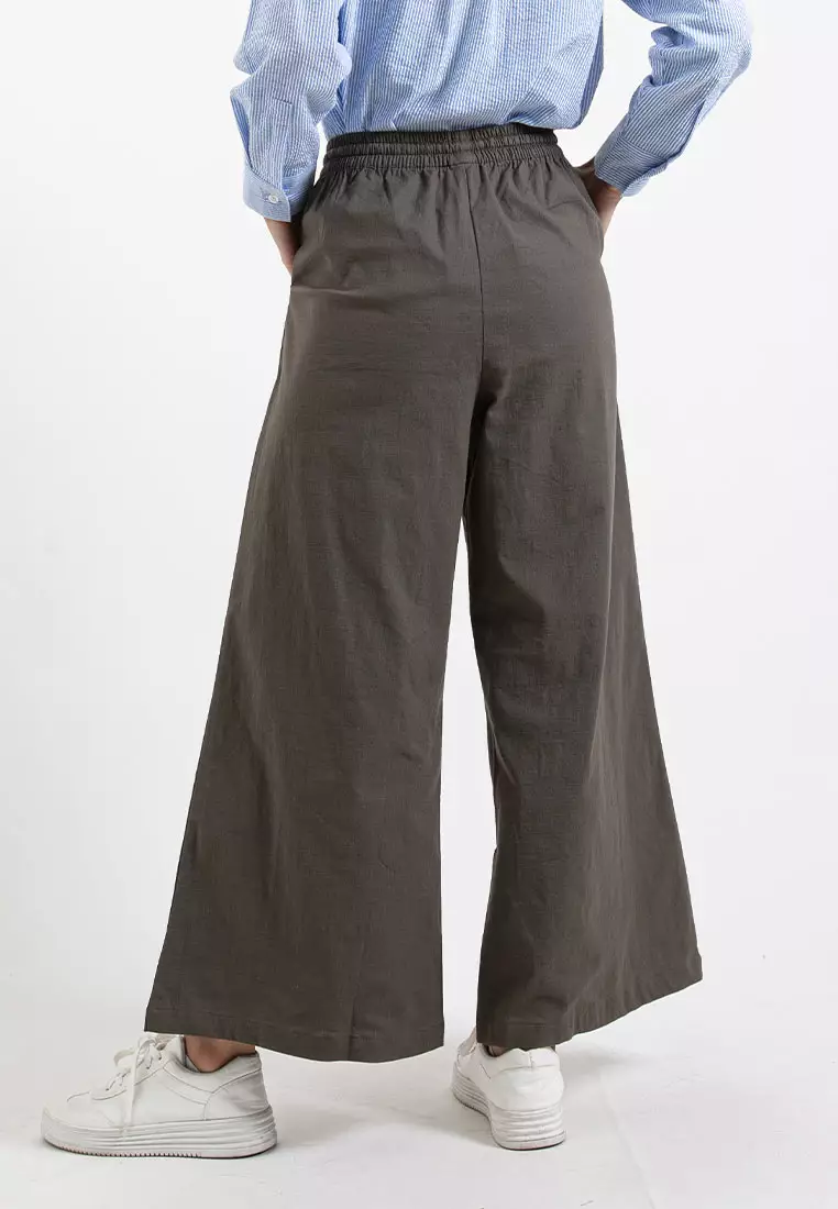 Forest Ladies Stretchable Cotton Linen Elastic Waist Wide Leg Pants Women Long Pants | Palazzo - 810473-14Khakigreen