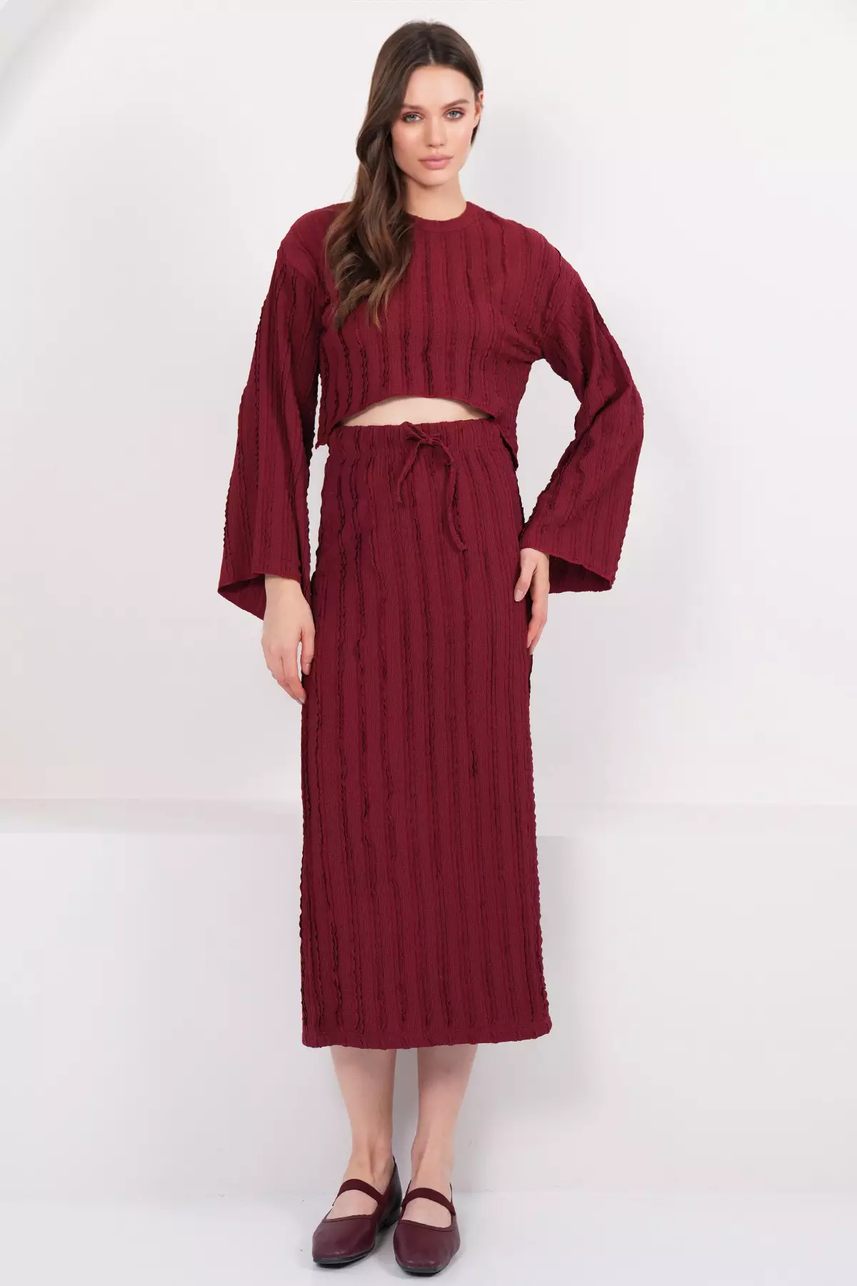 Burgundy Asymmetrical Cut Blouse And Skirt Set With Stitching Detail Alc-X14808