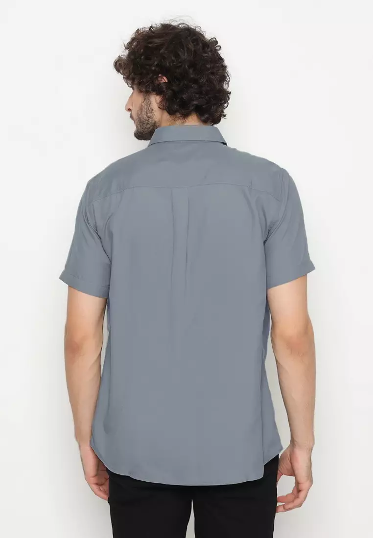 POLICE Kemeja Polos Basic Cotton Soft Blue Grey Regular Fit Pria